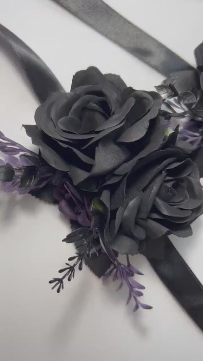Black Purple Corsage Wedding Gothic Wrist Corsage Bridesmaids Black Corsage Mom Plum Black Dark Purple Artificial Flower