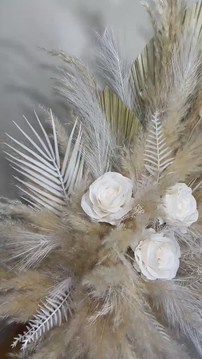 Set of 2 Wedding Aisle Marker Flower Floor Arrangement Whiskey Barrel Décor White Boho Pampas Grass Standing Arch Palm Leaves