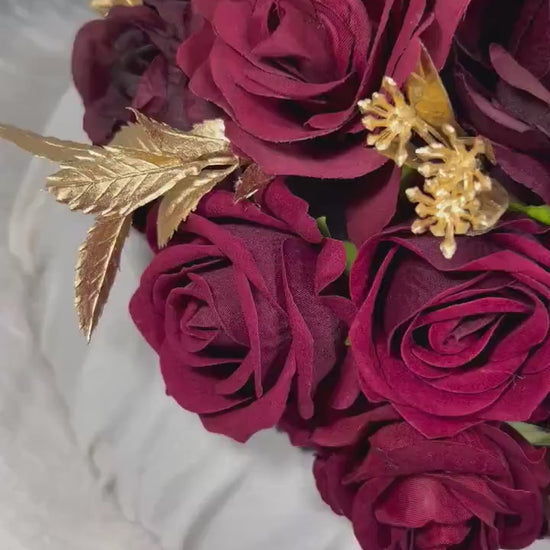Wedding Centerpiece Burgundy Decor Table Centerpiece Maroon Wedding Gold Table Centerpiece Gold Vase Rustic Burgundy Artificial Flower