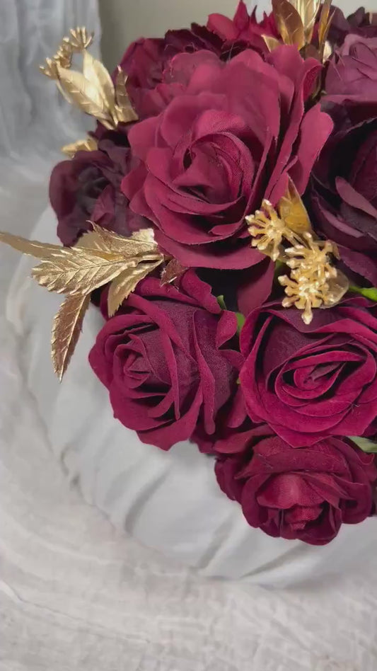 Wedding Centerpiece Burgundy Decor Table Centerpiece Maroon Wedding Gold Table Centerpiece Gold Vase Rustic Burgundy Artificial Flower