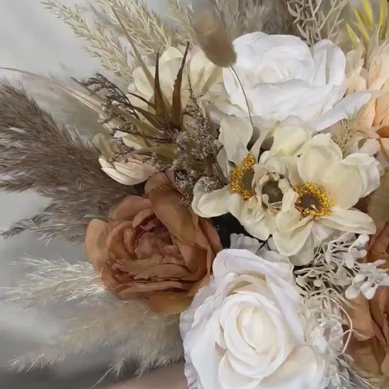 Wedding White Bouquet Boho Brown Bridesmaids Bouquet Pampas Grass Cinnamon Bouquet Beige Ivory Brown Bouquet Artificial Flower