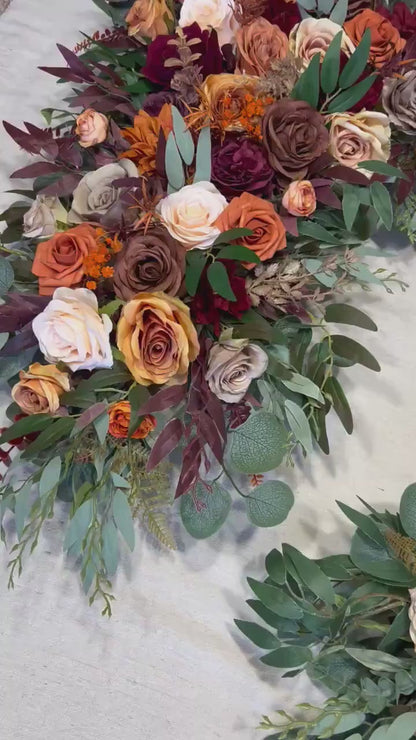 Rust Burgundy Arch Arrangement Champagne Terracotta Corner Arch Aisle Arrangement Brown Orange Decor Burgundy Arbor Arrangement Burnt Orange