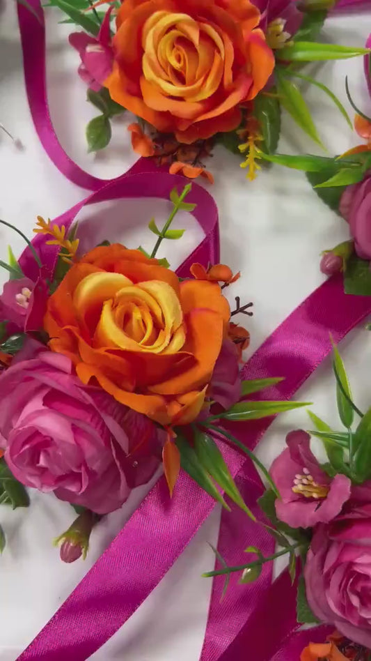 Hot Pink Orange Corsage Wedding Fuchsia Wrist Corsage Bright Summer Corsage Burnt Orange Pink Bridesmaids Corsage Tropical Rose Hot Pink