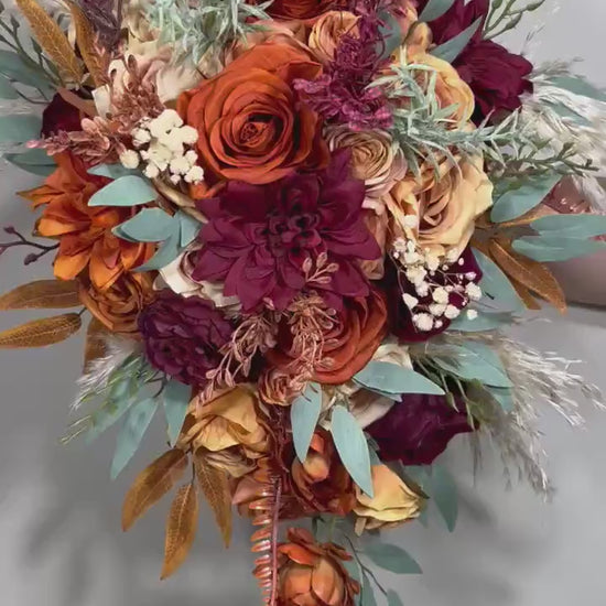 Orange Burgundy Bouquet Bridal Terracotta Cascade Bouquet Bridesmaids Rust Burgundy Burnt Orange Bouquet Fall Eucalyptus Pampas Grass