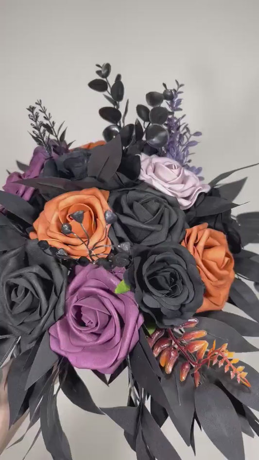 Black Orange Bouquet Wedding Dark Purple Bridal Black Bouquet Bridesmaids Plum Burnt Orange Black Gothic Bouquet Rust Artificial Flower