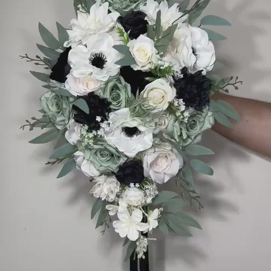 Dusty Sage Bouquet Bridal Cascade White Sage Green Bridesmaids Bouquet Anemone Ivory Black Green Cascading Bouquet Sage Artificial Flower