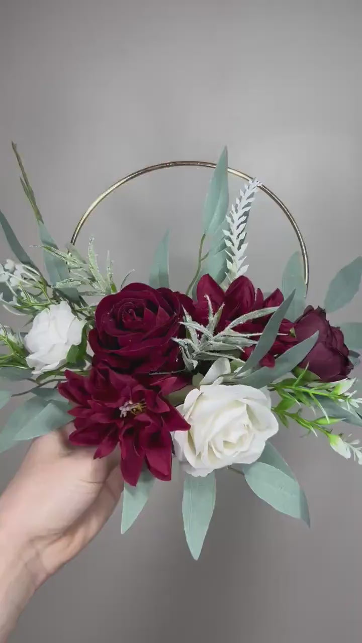 Wedding Hoop Burgundy White Hoop Flower Girl Hoop Bridesmaids Ring Wreath Alternative Bouquet Hoop Fall Artificial Flower