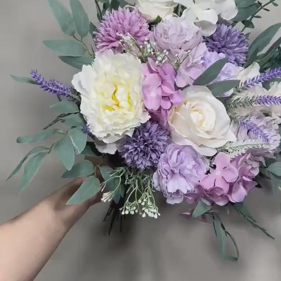 Wedding Lavender Bouquet Purple Bridal Violet Bouquet Plum Bridesmaids Lilac Dandelion Hydrangea Eucalyptus White Wild Flowers Artificial