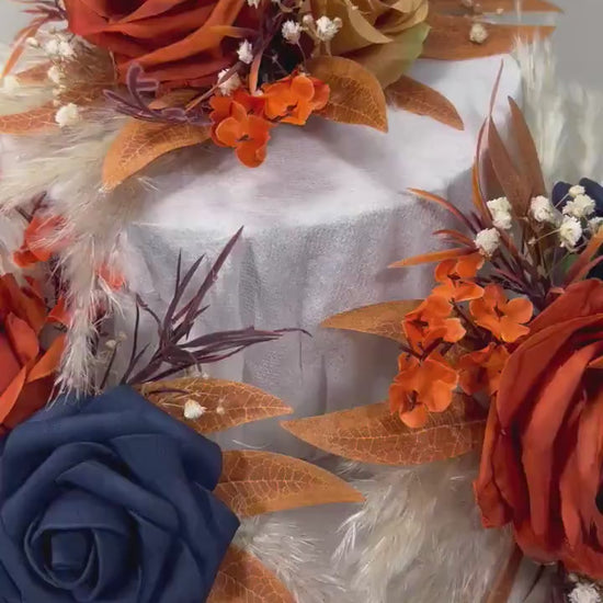 Rust Navy Blue Cake Decor Wedding Terracotta Navy Blue Cake Topper Boho Dark Blue Burnt Orange Cake Decoration Flower   Artificial Topper