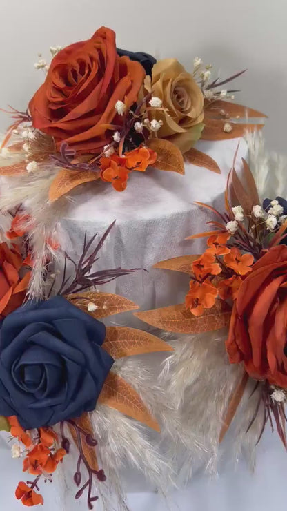 Rust Navy Blue Cake Decor Wedding Terracotta Navy Blue Cake Topper Boho Dark Blue Burnt Orange Cake Decoration Flower   Artificial Topper