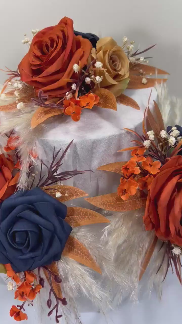 Rust Navy Blue Cake Decor Wedding Terracotta Navy Blue Cake Topper Boho Dark Blue Burnt Orange Cake Decoration Flower   Artificial Topper