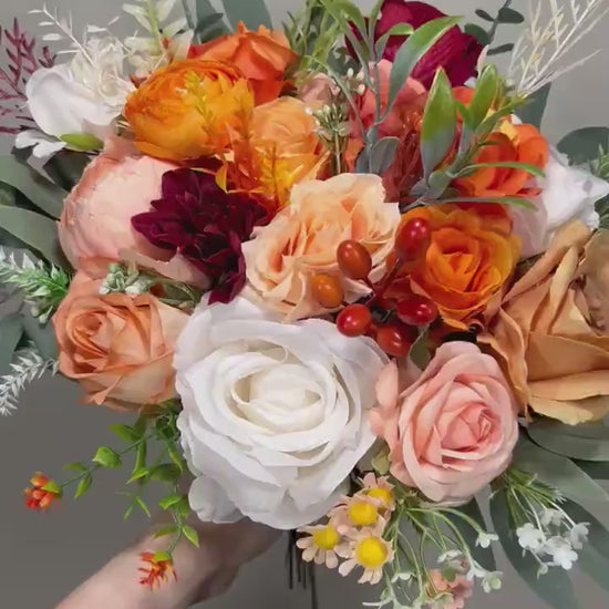 Orange Bouquet Wedding Bridal Peach Wedding White Bridesmaids Bouquet Burnt Orange Ivory Orange Burgundy Eucalyptus Artificial Flower