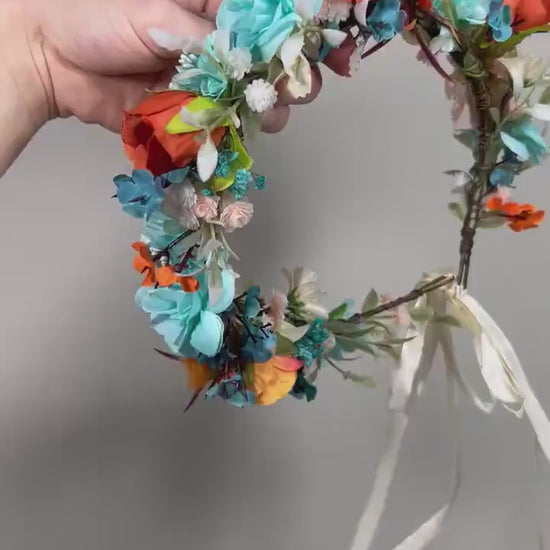 Teal Flower Crown Wedding Bridal Floral Headband Teal Burnt Orange Adult Crown Terracotta Turquoise Wreath Toddlet Crown Children Rust Teal