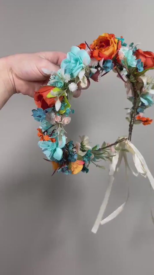 Teal Flower Crown Wedding Bridal Floral Headband Teal Burnt Orange Adult Crown Terracotta Turquoise Wreath Toddlet Crown Children Rust Teal