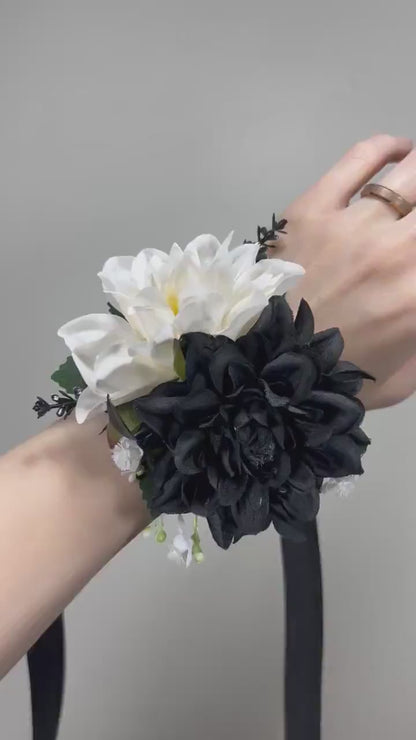 Wedding Black and White Corsage Groom Black Boutonnière Black White Corsage Mom Groomsmen Boutonnière Dahlia Artificial Flowers