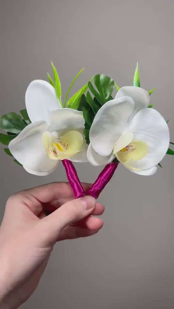 Orchid Corsage Wedding Groom White Boutonnière White Groomsmen Beach Corsage Tropical Monstera Orchid Artificial Flowers