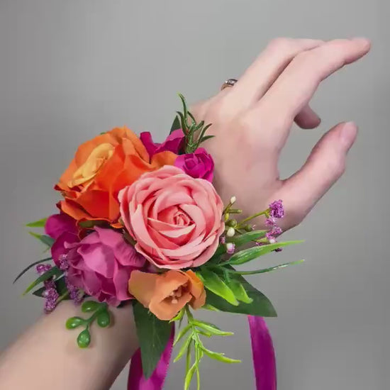 Orange Coral Corsage Wedding Bridesmaids Tropical Beach Wrist Corsage Hot Pink Mom Prom Fuchsia Magenta Wristlet Bright Artificial Flower