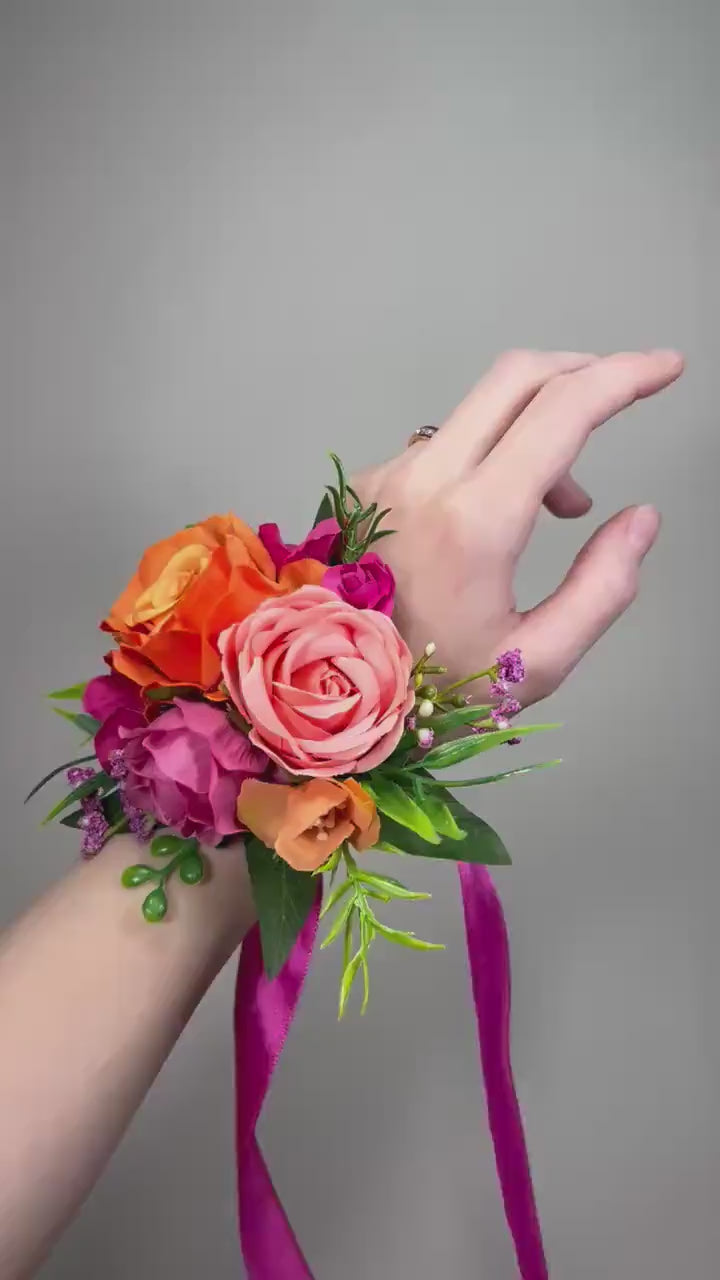 Orange Coral Corsage Wedding Bridesmaids Tropical Beach Wrist Corsage Hot Pink Mom Prom Fuchsia Magenta Wristlet Bright Artificial Flower