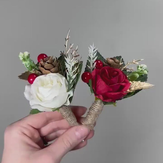 Christmas White Gold Red Boutonniere Wedding Groom Boutonnières Groomsmen Ivory Boutonnière Christmas Pine Cone Artificial Flowers
