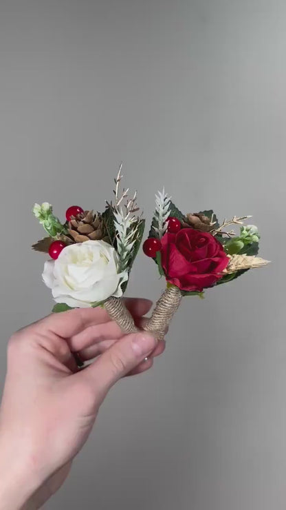 Christmas White Gold Red Boutonniere Wedding Groom Boutonnières Groomsmen Ivory Boutonnière Christmas Pine Cone Artificial Flowers