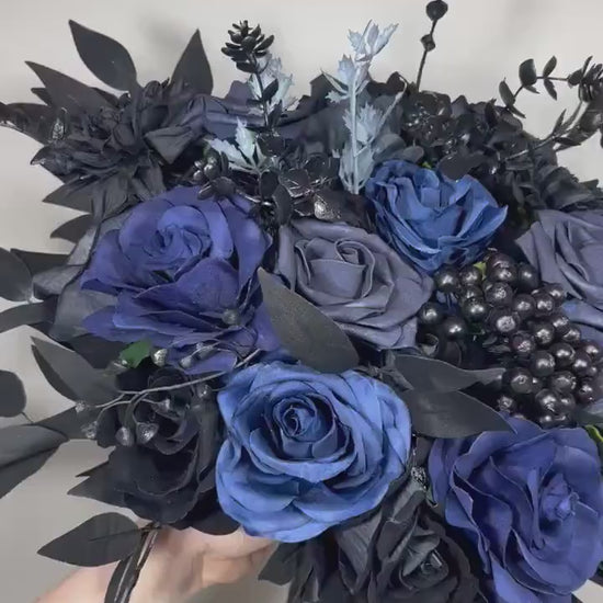 Black Blue Bouquet Wedding Bridal Black Navy Blue Gothic Bouquet Black Bridesmaids Bouquet Black Dark Blue Artificial Flower