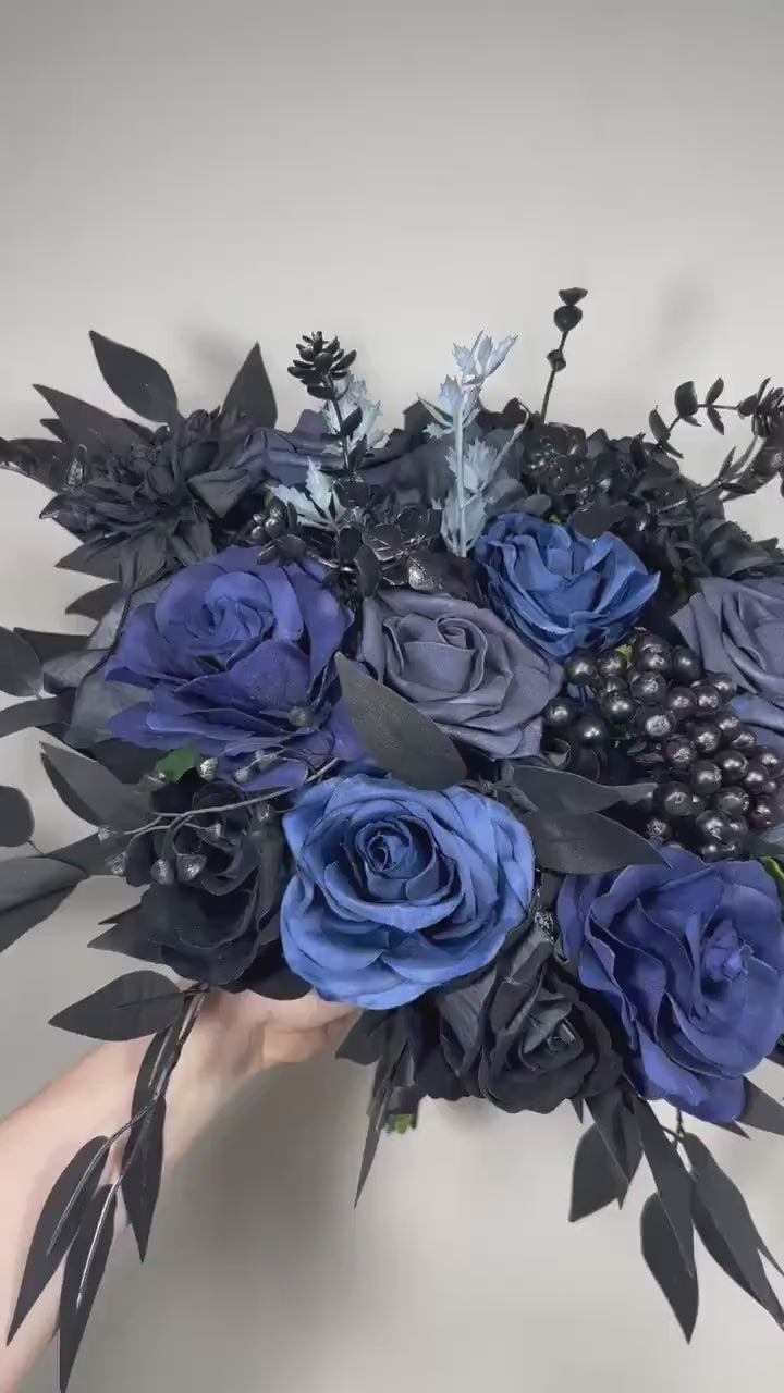 Black Blue Bouquet Wedding Bridal Black Navy Blue Gothic Bouquet Black Bridesmaids Bouquet Black Dark Blue Artificial Flower