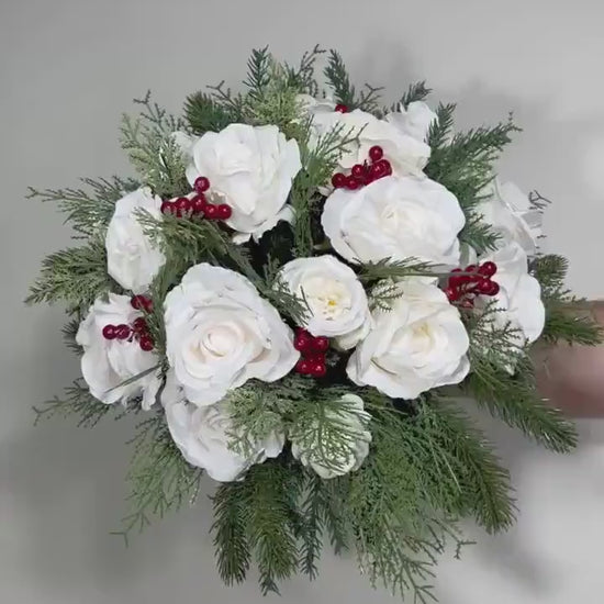 Wedding Christmas Bouquet Winter Bridal White Rustic Bridesmaids Bouquet Christmas Tree Pine Red Berries Artificial Flowers Winter Ivory