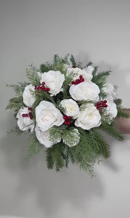 Wedding Christmas Bouquet Winter Bridal White Rustic Bridesmaids Bouquet Christmas Tree Pine Red Berries Artificial Flowers Winter Ivory