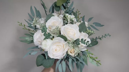 Wedding Bouquet White Bridal Ivory Bouquet Classic Sage Eucalyptus Greenery Bridesmaids Decor Bouquet White Handmade Artificial Flowers