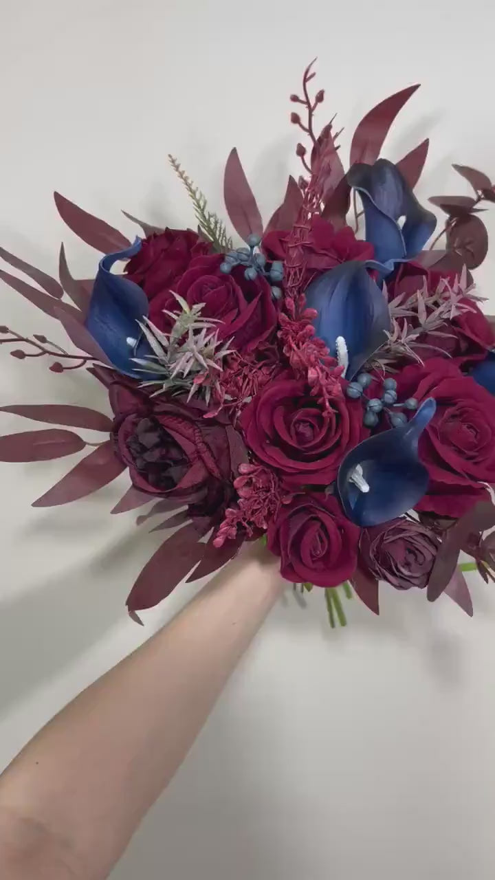 Wedding Bouquet Burgundy Navy Blue Bridal Bouquet Burgundy Calla Lily Navy Blue Bridesmaids Bouquet Navy Calla Artificial Flower