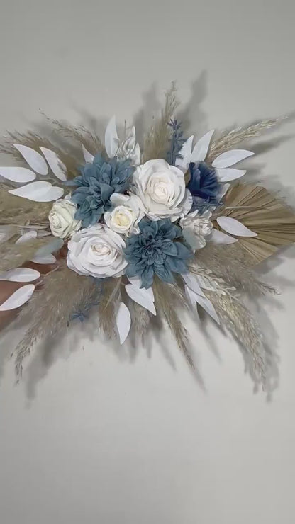 Dusty Blue Arch Arrangements Pampas Grass Palm Leave White Arch Arrangement Dusty Blue Ivory Wall Decor Dahlia Blue Swag Arch Arrangements