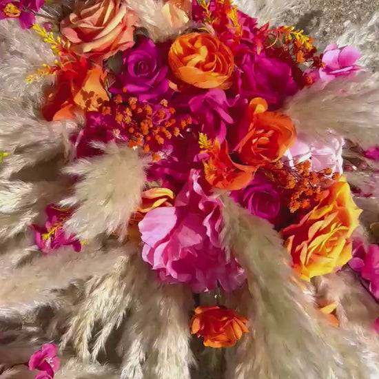 Pink Orange Arch Arrangement, Wedding Hot Pink Bright Orange Boho, Pampas Grass Swag Arbor Arrangement, Ceremony Backdrop Flowers Artificial