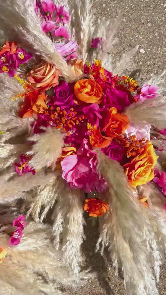 Pink Orange Arch Arrangement, Wedding Hot Pink Bright Orange Boho, Pampas Grass Swag Arbor Arrangement, Ceremony Backdrop Flowers Artificial