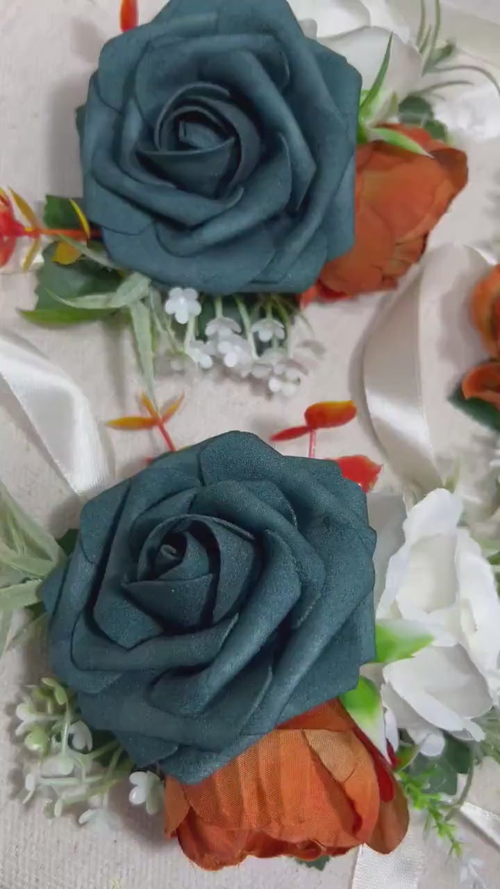 Dark Teal Corsage Wedding Teal Corsage Terracotta Mom White Corsage Teal Rust Corsage Burnt Orange White Artificial Flowers