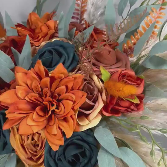 Dark Teal Bouquet Wedding Bridal Terracotta Bridesmaids Burnt Orange Rust Artificial Flowers Boho Pampas Grass
