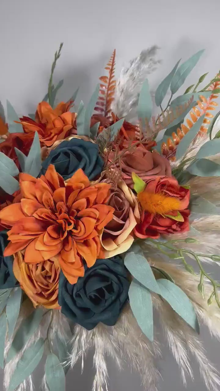 Dark Teal Bouquet Wedding Bridal Terracotta Bridesmaids Burnt Orange Rust Artificial Flowers Boho Pampas Grass