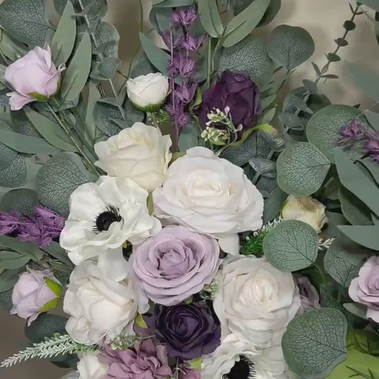 Set of 2 Wedding Aisle Marker Flower Floor Arrangement Whiskey Barrel Décor White Purple Ground Arch Lilac Plum Ivory Anemone