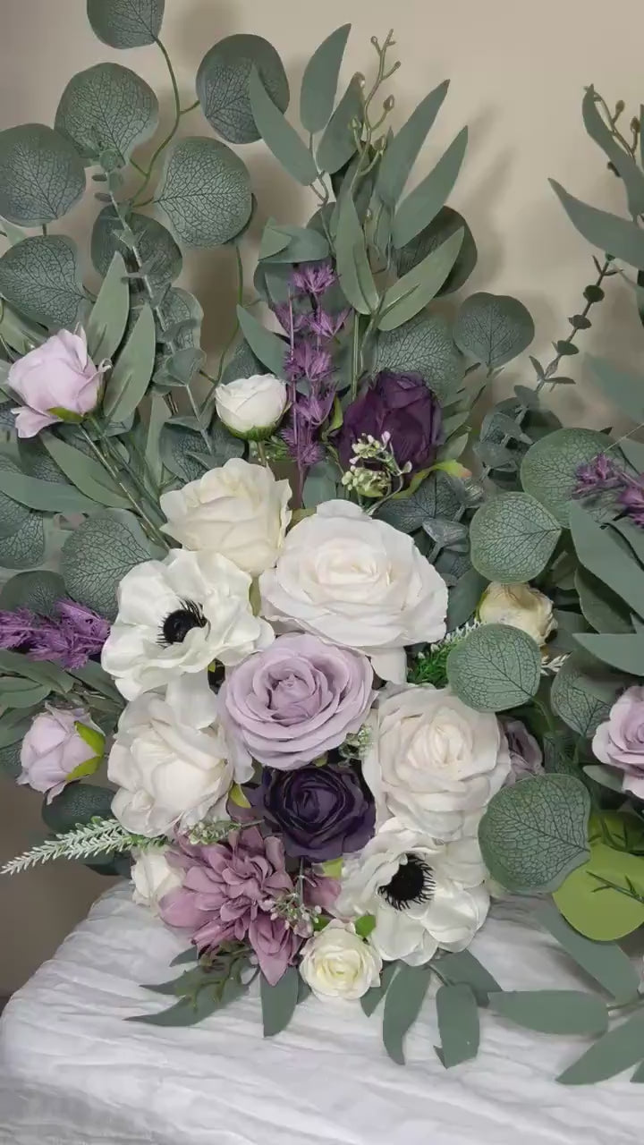 Set of 2 Wedding Aisle Marker Flower Floor Arrangement Whiskey Barrel Décor White Purple Ground Arch Lilac Plum Ivory Anemone