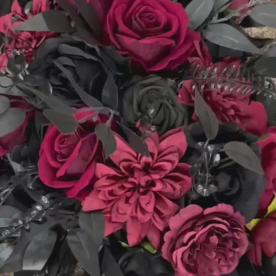 Black Burgundy Arch Flowers, Gothic Wedding Arch Decor, Dark Red Floral Swag, Moody Ceremony Backdrop, Black Arbor Arrangement Ties