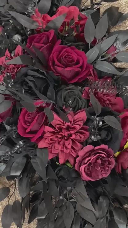 Black Burgundy Arch Flowers, Gothic Wedding Arch Decor, Dark Red Floral Swag, Moody Ceremony Backdrop, Black Arbor Arrangement Ties