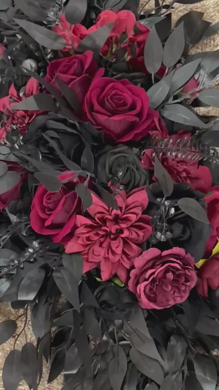 Black Burgundy Arch Flowers, Gothic Wedding Arch Decor, Dark Red Floral Swag, Moody Ceremony Backdrop, Black Arbor Arrangement Ties