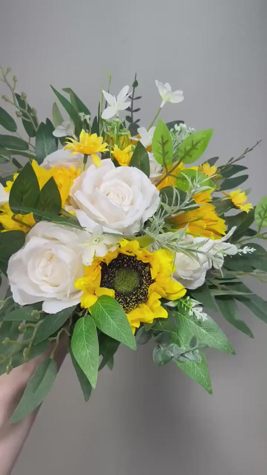 Sunflower Bouquet Bridal White Sunflowers Wedding Bouquet White Baby Breath Bridesmaids Yellow Sunflowers Bouquet Eucalyptus Artificial