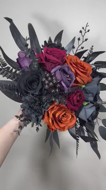 Wedding Bouquet Black Burgundy Bridal Wedding Gothic Gold Halloween Bouquet Black Decor Burgundy Handmade Artificial Flower  Bridesmaids