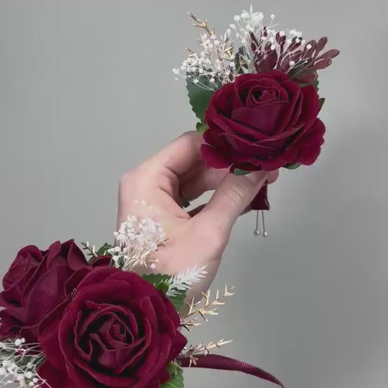 Burgundy Corsage Wedding Wrist Corsage Burgundy Gold Bridesmaids Baby Breath Corsage Wine Red Prom Corsage Maroon Artificial Flower