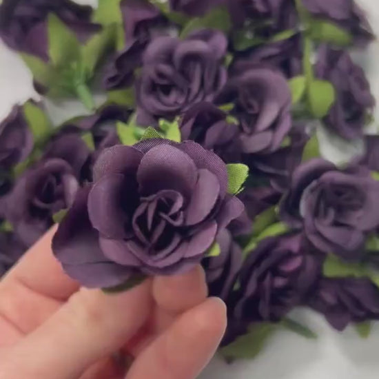 Dark Purple Flower Heads 1” Wedding Plum Flower Heads Rose Deep Purple Wedding Craft Supplies Small Plum Artificial Rose Head Dark Purple