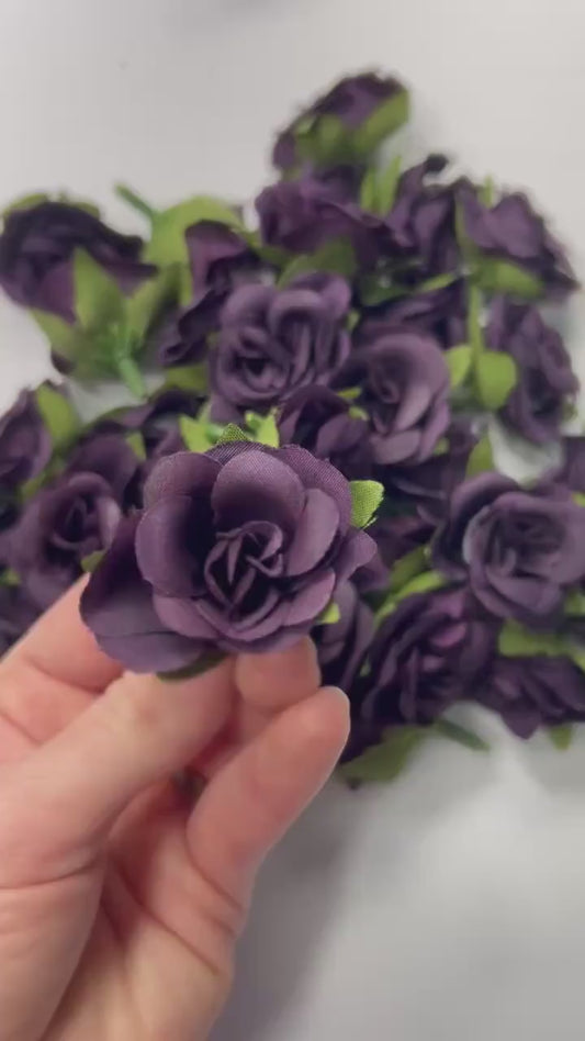 Dark Purple Flower Heads 1” Wedding Plum Flower Heads Rose Deep Purple Wedding Craft Supplies Small Plum Artificial Rose Head Dark Purple