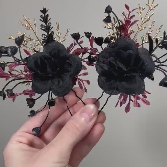 Black Hair Pin Wedding Burgundy Flower Girl Headpiece Gothic Floral Bridesmaids Hair Pin Black Accessories Hair Pin Gold Artificial Flowers