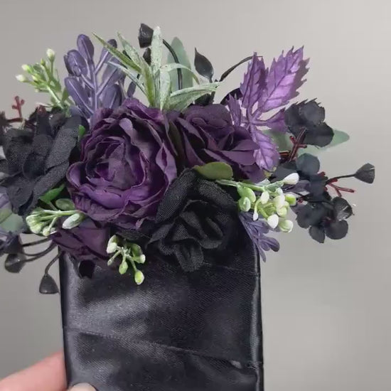 Black Purple Pocket Boutonniere Wedding Groom Boutonnière Black Plum Square Groomsmen Black Dark Purple Pocket Boutonniere Gothic Purple