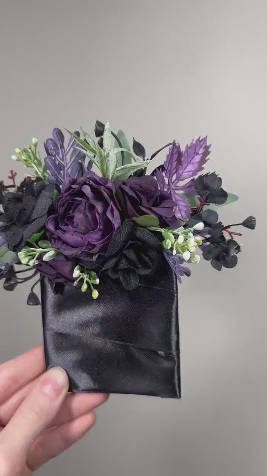 Black Purple Pocket Boutonniere Wedding Groom Boutonnière Black Plum Square Groomsmen Black Dark Purple Pocket Boutonniere Gothic Purple