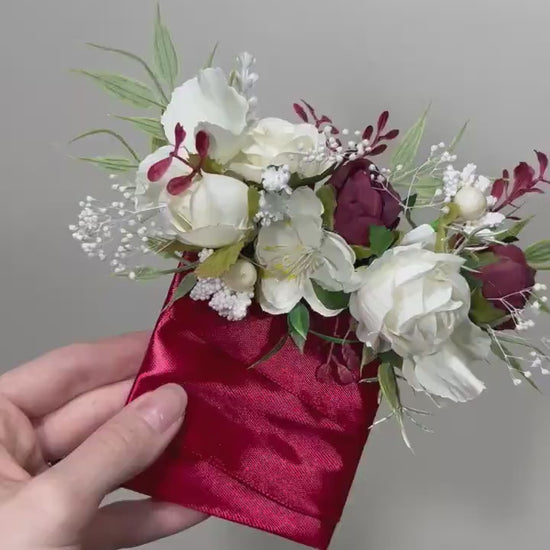 Wedding Pocket Boutonniere Christmas White Burgundy Groom Boutonnière Winter Square Groomsmen Wedding Ivory Rustic Decor Artificial Flowers